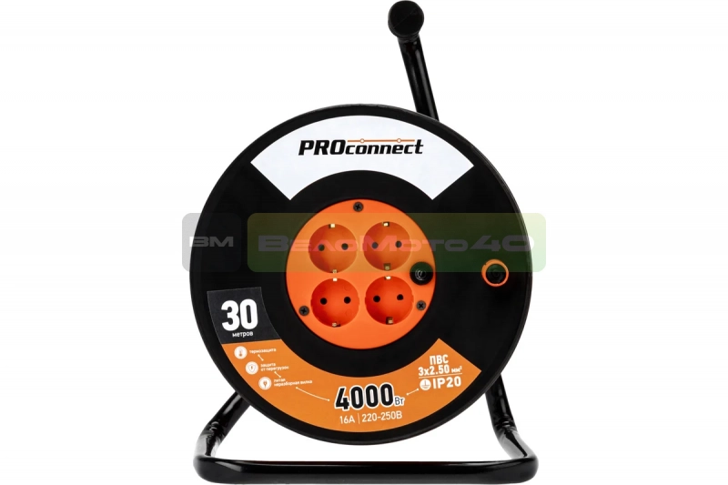 Силовой удлинитель на катушке PROconnect 4 розетки с заземлением 30 м ПВС 3х2,5 PROFESSIONAL 11-7613 ВелоМото40 Калуга