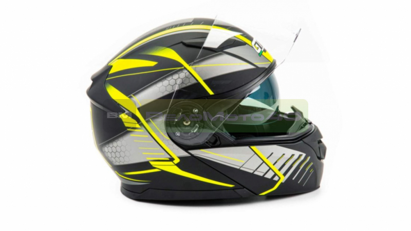 Шлем мото модуляр GTX 550 #3 (L) BLACK/FLUO YELLOW GREY (2 визора) ВелоМото40 Калуга