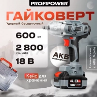 Аккумуляторный гайковертударный бесщеточный ProfiPowerDWDTW-18V (Li-ion-1шт, 4.0Ач,600Нм, З/У, кейс) ВелоМото40 Калуга