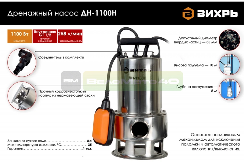 Дренажный насос Вихрь ДН-1100Н 68/2/5 ВелоМото40 Калуга