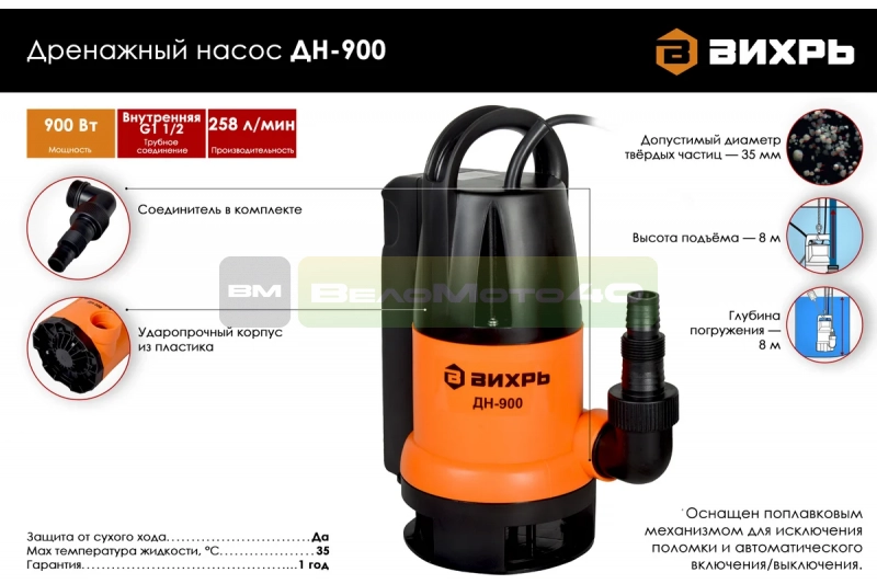 Дренажный насос Вихрь ДН-900 68/2/3 ВелоМото40 Калуга