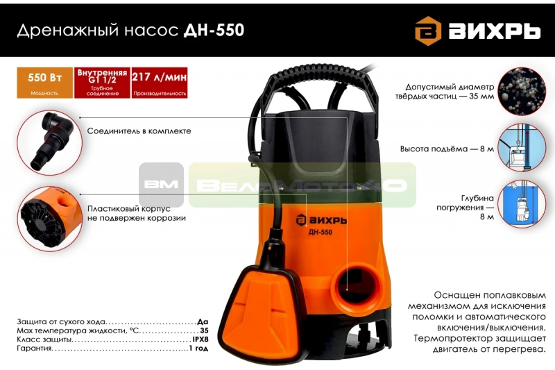 Дренажный насос Вихрь ДН-550 68/2/9 ВелоМото40 Калуга
