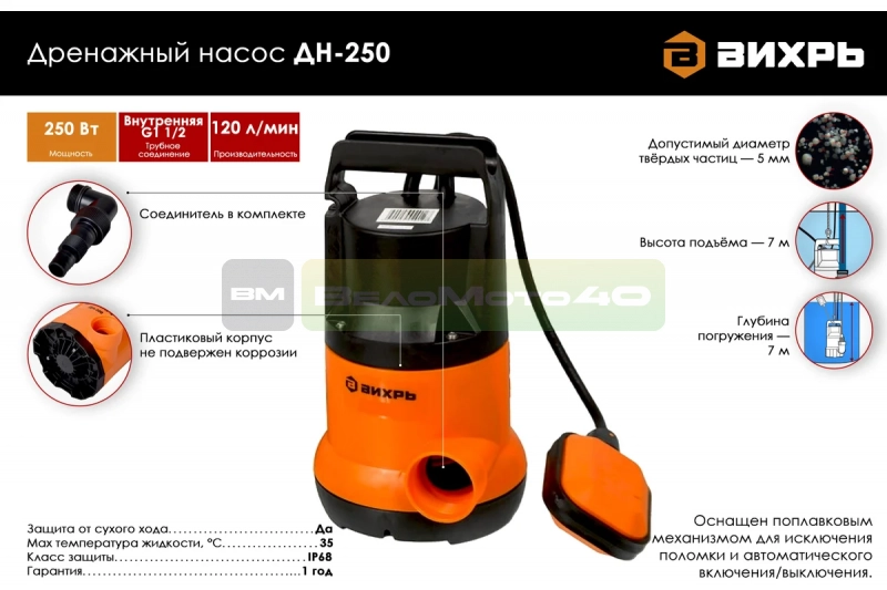 Дренажный насос Вихрь ДН-250 68/2/11 ВелоМото40 Калуга