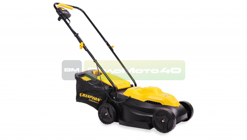 Газонокосилка эл. CHAMPION EM3411 (1 кВт пласт.+ткань травосб. 30л ширина 320мм 25-65мм, 6,4кг), CHAMPION, EM3411 ВелоМото40 Калуга